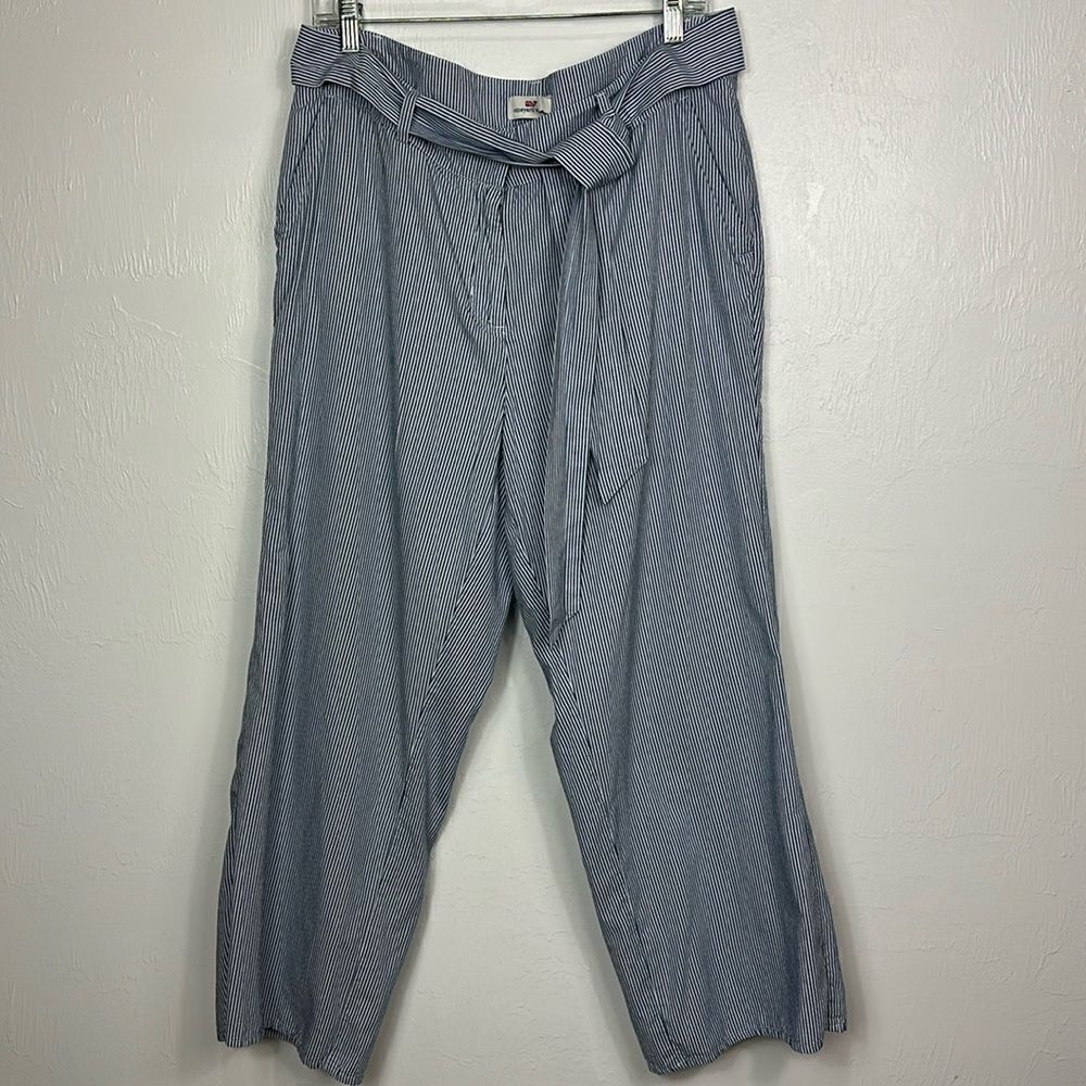 Vineyard Vines Cotton White And Blue Striped Wide Leg Ankle Pants Size 10